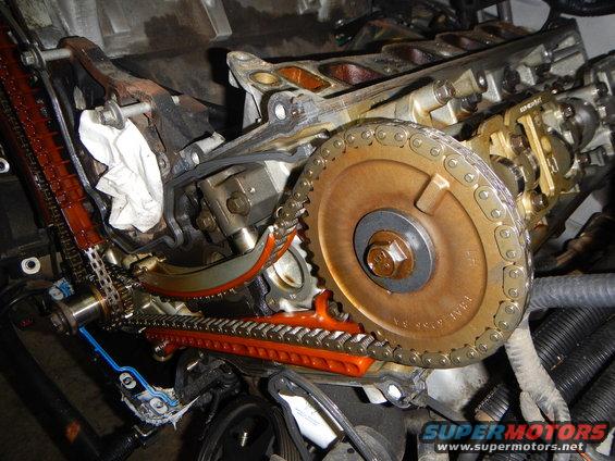 Close-up of engine timing chain, gears, and valve cover components