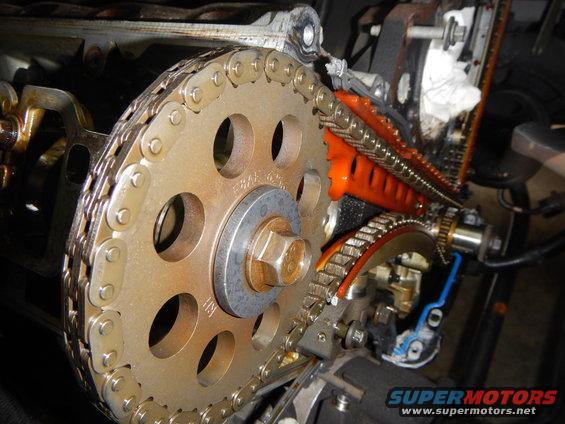 Close-up of engine timing chain and gears with orange plastic guides