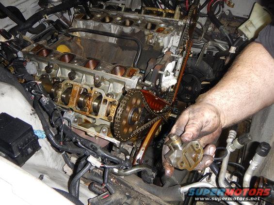 mechanic's hands working on engine timing chain and gears