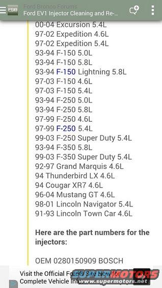 List of Ford vehicle models and engine sizes, with part numbers for injectors