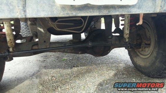 Underside view of a vehicle's rear axle, differential, shocks, and suspension components