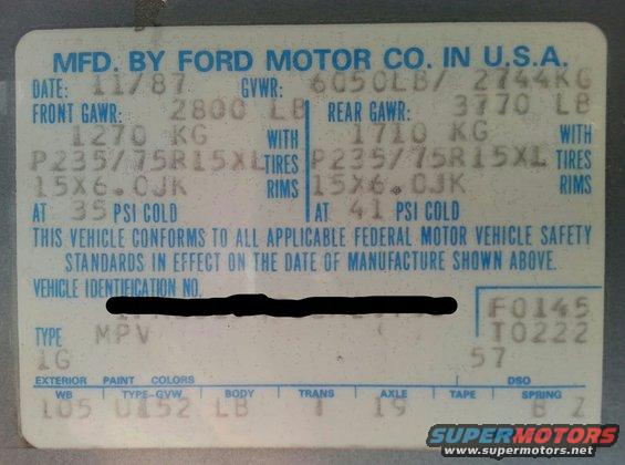 Ford VIN plate dated 11/87, showing MPV type and tire size P235/75R15XL