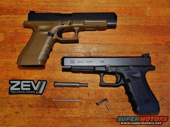 Two Glock pistols, one tan and one black, disassembled with parts laid out on a wooden surface. A ZEV Technologies logo is visible