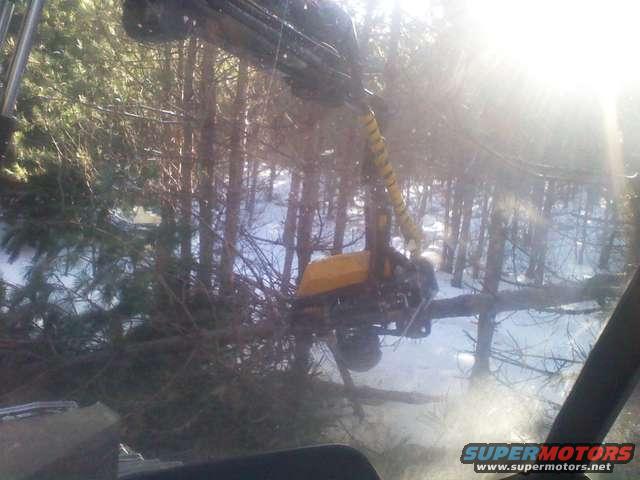 Yellow logging equipment arm cutting a tree in a snowy forest