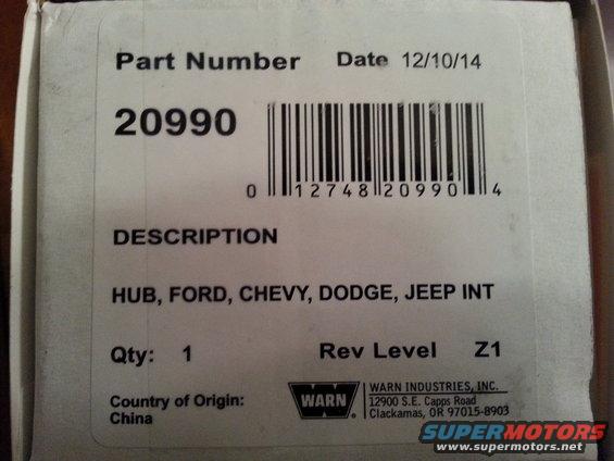 Box label for Warn hub part number 20990, listing compatible vehicles