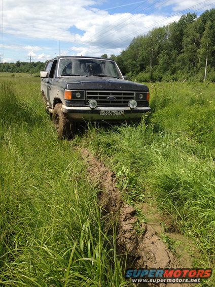 1987 Ford Bronco front view stuck in a muddy rut in a grassy field
