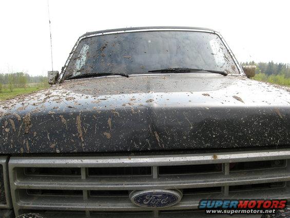 Mud-covered 1987 Ford Bronco grille and hood, front view. Supermotors.net logo visible