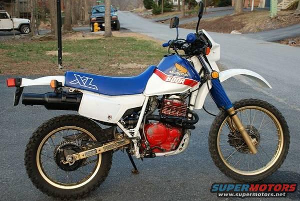 White and blue Honda 600R motorcycle, side view