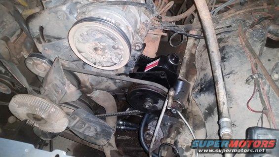 My original power steering pump was howling so I knew it was time for a saginaw swap. To switch to saginaw I went to the junkyard and found a same year econoline ('85) and grabbed all the metal brackets that were used for the PS pump and the A/C. Wasn't till I got home to my Bronco that I realized I only needed the bracket that the actual saginaw was attached to. You also need the 2" (approx) metal spacer from the econoline. You'll have to slide the spacer on behind the bracket on the pivoting bolt. It was an easy instal, even used the same v-belt I had on my Bronco. Make sure you get a power steering pressure hose that is made for the econoline, the original bronco hose has a different fitting for the pump, The econoline fitting for the p/s box is the same. You'll have to bend the hose a bit to make it fit but it's easier than having a special hose made.