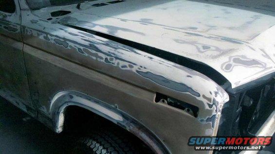 1982 Ford Bronco front fender and hood with body filler