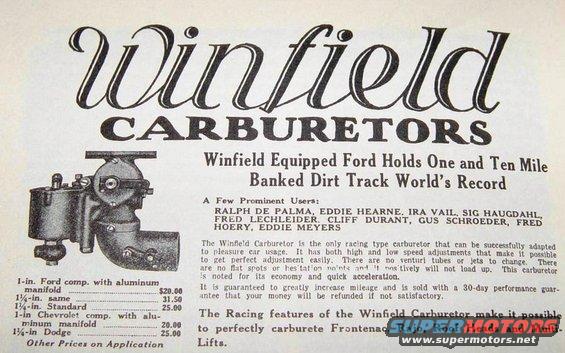 Advertisement for Winfield Carburetors, showing a carburetor and listing prices for Ford, Chevrolet, and Dodge