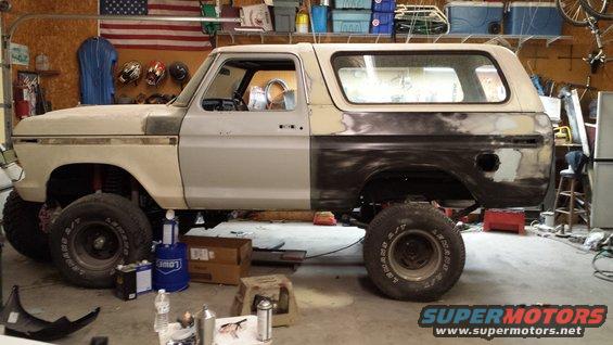1978 Ford Bronco side view, primer and bodywork visible