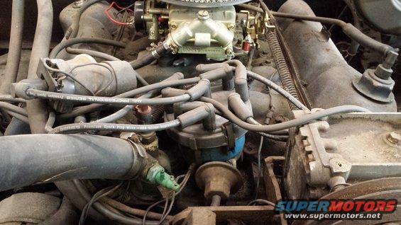 Engine bay with carburetor and distributor cap visible