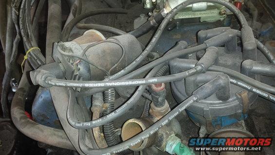 Close-up of engine bay showing distributor cap, spark plug wires, and carburetor