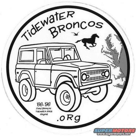 Line drawing of a Ford Bronco with 'Tidewater Broncos' text and a horse graphic