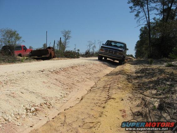 Dark blue 1992 Ford Bronco driving on a sandy dirt road with two old trucks in the background