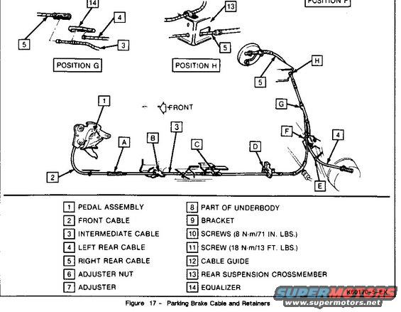 Diagram shows parking brake cable assembly with labeled parts like pedal, cables, and equalizer