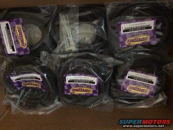 Box of Speedway brand wire loom and zip ties. Part numbers visible include 910-50050-BLK and 910-50037-BLK