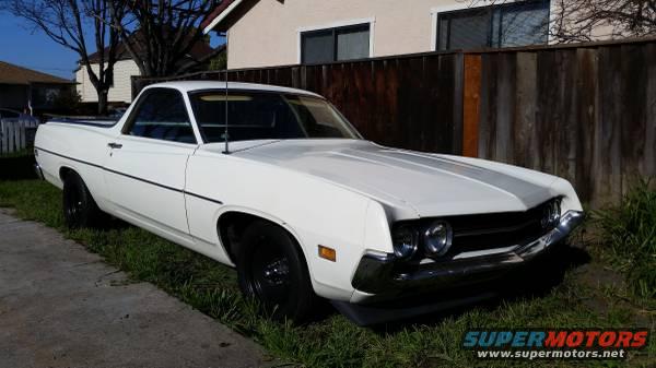 White 1970 Ford Ranchero 3q-front view with black wheels