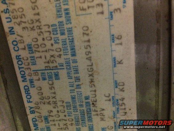 Ford VIN plate with manufacturing date 06/86 and vehicle identification number 1FMEUL5HXGLA95170