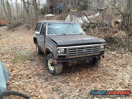 Gray Ford Bronco with dented hood and missing front bumper, parked on a leaf-covered ground