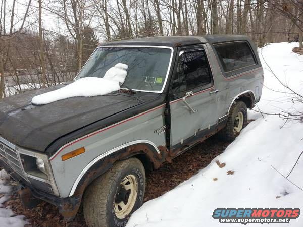 1986 Ford Bronco, 3q-front view, gray with snow on hood