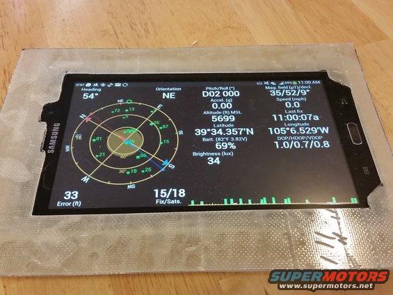 Samsung tablet showing GPS data, including heading, orientation, altitude, and satellite fix