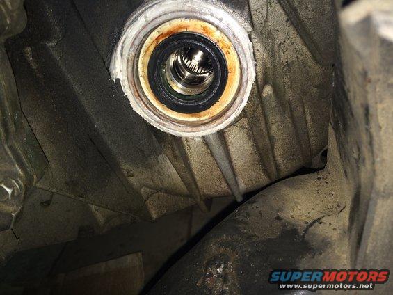 Close-up of a CV axle seal installed in a transmission housing
