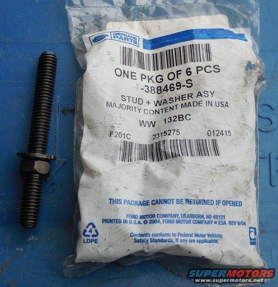 exhmanbolt.jpg One of the exhaust manifold bolts broke, and rather than try to get another at the JY, I bought a new pack of 388469-S (long bolt, long stud). The long bolt w/short stud is 386197-S; long bolt without stud is 381732-S.
Short w/stud is 389201-S; short w/o is 392016-S4301.

Aftermarket replacement sets are also available for 5.0L/5.8L: Left [url=https://www.amazon.com/dp/B00068PTH0]Dorman 03405[/url]; Right [url=https://www.amazon.com/dp/B0094ECO20]Dorman 03407B[/url] or [url=https://www.amazon.com/dp/B00068OITK]Dorman 03407[/url]

[url=http://www.supermotors.net/registry/media/1056534][img]http://www.supermotors.net/getfile/1056534/thumbnail/exmanbolts.jpg[/img][/url]

These should have Nickel (high-temp) anti-seize applied during assembly.

[url=https://www.supermotors.net/registry/media/1083968][img]https://www.supermotors.net/getfile/1083968/thumbnail/antiseizes.jpg[/img][/url]

Y-pipe flange stud & nut

[url=https://www.supermotors.net/registry/media/1168560][img]https://www.supermotors.net/getfile/1168560/thumbnail/exmanflghdwr.jpg[/img][/url]

Spark plug heat shield  F2UZ12A406A/[url=https://www.amazon.com/dp/B000O01HP8]F4TZ12A406BA[/url]