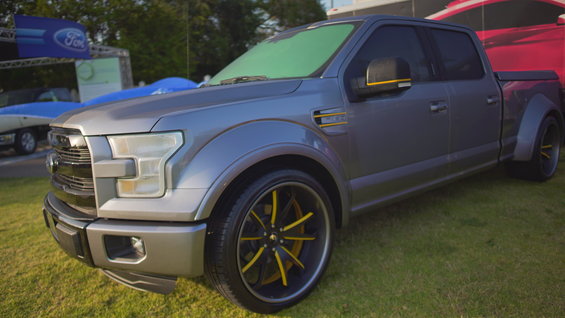 Gray Ford F-150 pickup truck with custom wheels and fender flares