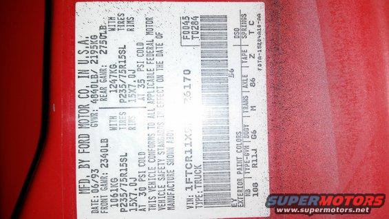 Vehicle identification sticker showing manufacture date 06/93 and VIN 1FTCR11X5