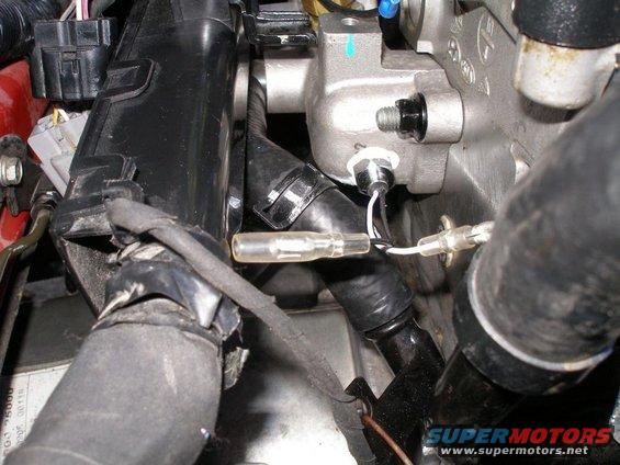 Close-up of engine bay wiring, hoses, and sensors. A black plastic housing is prominent, with various wires and connectors attached to metal components