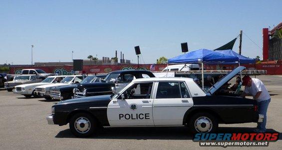 Black and white police car with "POLICE" text, parked in a line of cars