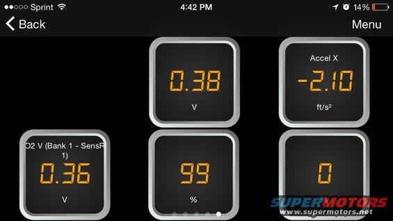 Phone screen showing vehicle diagnostics: O2 V (Bank 1 - Sensr 1) 0.36 V, 0.38 V, 99%, Accel X -2.10 ft/s^2, and 0