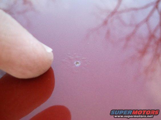 finger pointing at a small paint chip on a red car door. Supermotors.net logo in corner