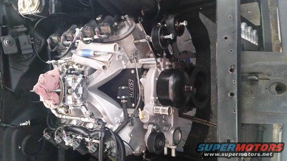 Engine bay with LS swap engine and JEGS branding