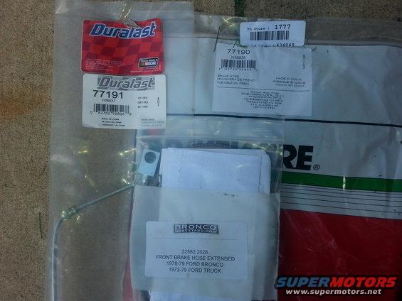 Brake hoses and Duralast parts packaging. Label reads 'BRONCO...FRONT BRAKE HOSE EXTENDED 1978-79 FORD BRONCO 1973-79 FORD TRUCK'
