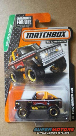 Matchbox Ford Bronco 4x4 toy in packaging, black with yellow interior and red/yellow stripes