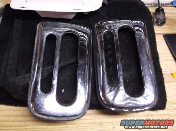 Two chrome trim pieces for a gear shifter, one with P, R, N, D, 2, 1 markings