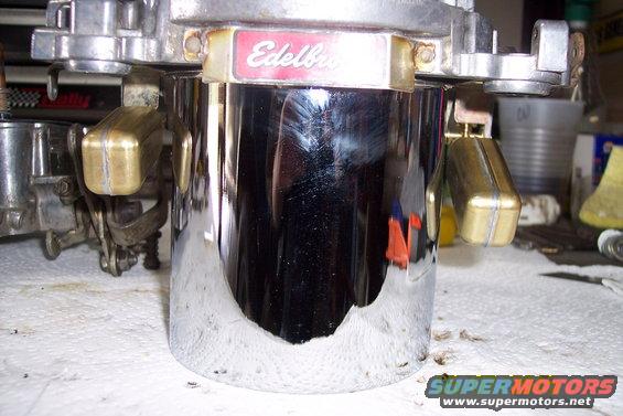 Close-up of Edelbrock carburetor with chrome body and brass floats