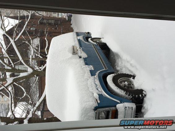 Blue SUV, partially buried in snow, side view, with snow-covered trees and building in background