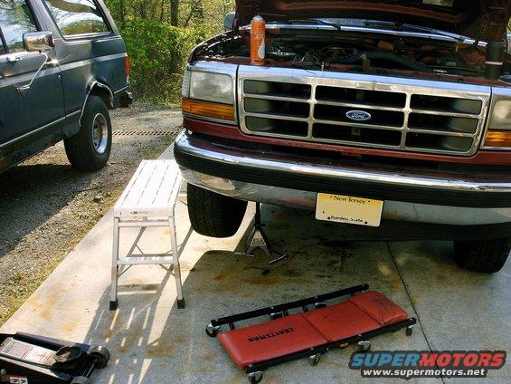 1992 Ford F-150 front end with hood open, New Jersey license plate
