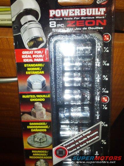 Powerbuilt 8 pc. Zeon socket set packaging with images of different bolt conditions