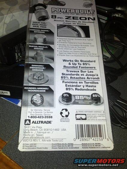 Powerbuilt 8 pc. ZEON socket set packaging showing examples of use on standard, rusted, and damaged fasteners