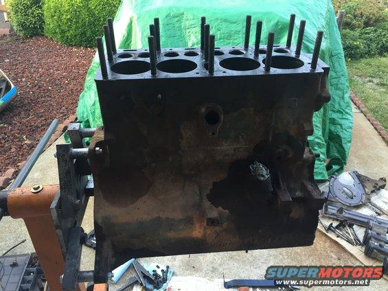 Engine block on stand, outdoors