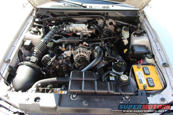 2002 Ford Mustang engine bay with V8 engine, yellow battery, and air intake