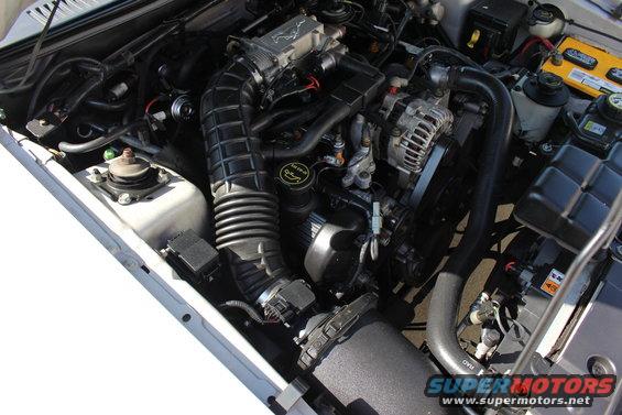 Engine bay of a 2002 Ford Mustang, showing the V8 engine, air intake, alternator, and battery