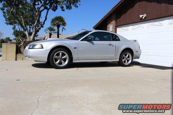 Silver 2002 Ford Mustang parked in front of a garage door