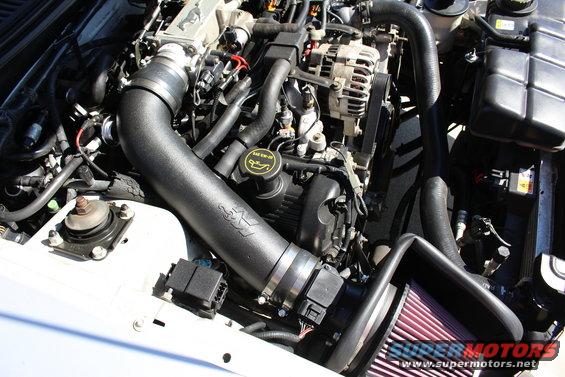 Engine bay with K&N cold air intake and red air filter