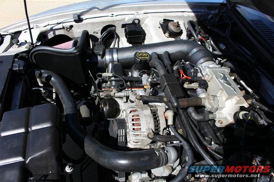 Engine bay with aftermarket intake and supercharger